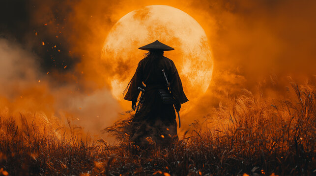 silhouette of a samurai warrior in moonlight - illustration for book covers, posters, and fantasy storytelling, historical illustrations,