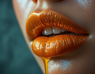A Woman’s Lips Covered in Honey with a Single Drop Falling