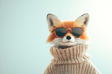 fox knitted sweater, cozy look, sunglasses, pastel blue, stylish portrait