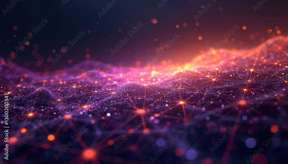 Poster Abstract network structure with interconnected lines, dots arranged across color gradient from purple to yellow, suggesting dynamic data. Complex tech structure for hi-tech cyberspace web design.