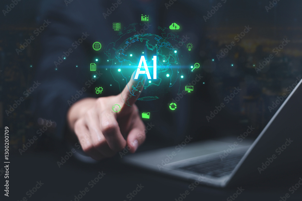 Fototapete  Business data using AI technology background using computer customer service showing data connection storing various data with AI to help simplify documents

