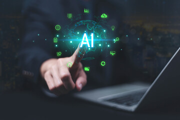  Business data using AI technology background using computer customer service showing data connection storing various data with AI to help simplify documents
