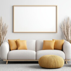 Cozy living room featuring a plush couch nestled against a large picture frame enhancing the warmth of the space