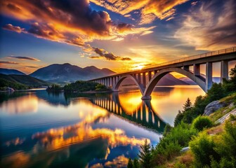 Fototapeta premium Silhouette of Arched Concrete Bridge over Calm Water, Croatian Hills