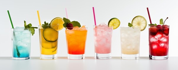 Line of Colored cocktail Glasses on white table, cocktail drink background. Generative ai