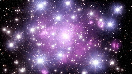 Purple nebula glowing stars cosmic space background, astronomy science illustration