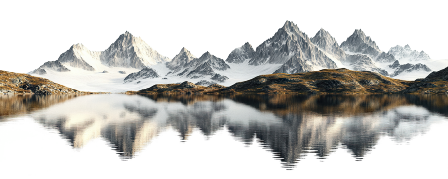 Alpine landscape with snowy mountains and calm lake, isolated on transparent cutout background