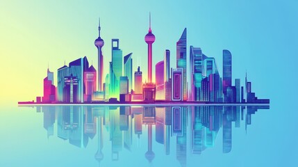 Obraz premium A colorful stylized urban skyline reflected in a body of water