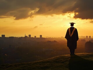 Graduation celebration city skyline realistic photo evening ambience back view future aspirations