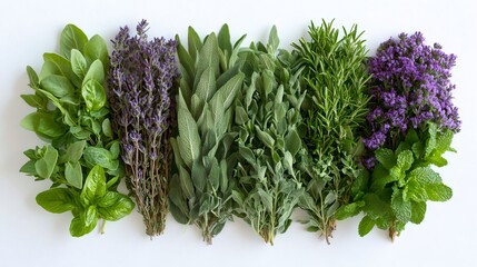 Freshly picked herbs displaying vibrant green and purple hues