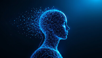 Futuristic AI-Powered Human Head with Digital Wireframe and Disintegrating Data Particles
