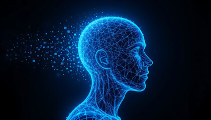 Futuristic AI-Powered Human Head with Digital Wireframe and Disintegrating Data Particles