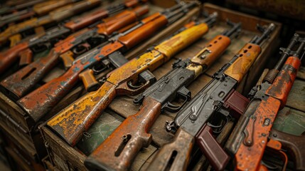 A Collection of Vintage Firearms Displayed in a Rustic Environment Reflecting Historical Significance and Societal Impact