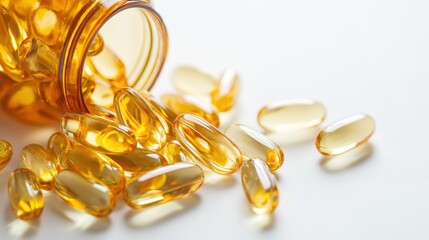 Vitamin bottle with clear fish oil capsules spilling out, capsules are same color and same sizing, surrounded by soft light,