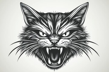 Obraz premium A detailed monochrome illustration of a growling lynx, shown in an angled profile view