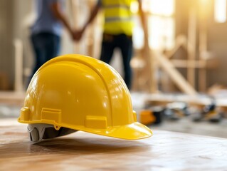 In the foreground, a yellow hard hat sits as two construction workers shake hands