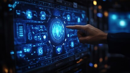 Obraz premium A hand engages with a cutting-edge holographic world map projected on a state-of-the-art screen