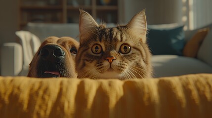 Curious Dog and Cat Peeking Over Couch with Warm Sunlight