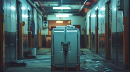 Abandoned Hallway with Refrigerator in Industrial Setting Highlighting Social Issues of Waste and Neglect