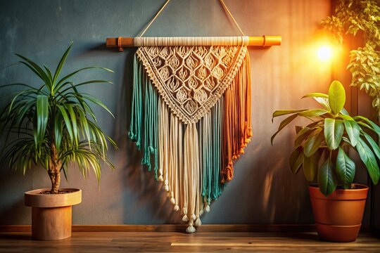 Silhouette of Handmade Macrame Wall Hanging on Rustic Wood, Boho Scandinavian Home Decor