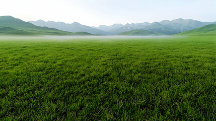 Fototapeta premium Expansive Green Field Under Misty Mountains And A Cloudy Sky Displaying Tranquil Natural Scenery