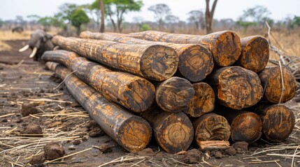 Stacked Logs in Natural Landscape Highlighting Social Issues in Deforestation and Impact on Wildlife Habitat