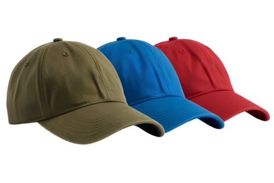 Three baseball caps in olive green, blue, and red with curved brims isolated on transparent background PNG