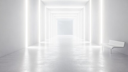A futuristic corridor in white, adorned with luminous lines and a mirrored floor