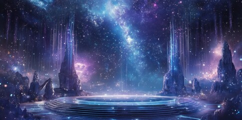 Beautiful celestial landscape with glowing platform and stellar backdrop