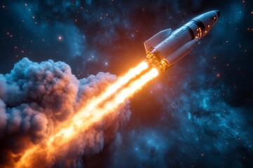 Obraz premium A spacecraft launching into the night sky leaving a trail of fire. Generative AI