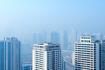 Fototapeta premium A city skyline covered in smog, with high levels of carbon dioxide pollution affecting visibility