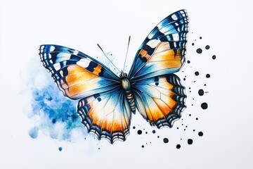 Obraz premium Colorful butterfly pencil drawing, white background, blue watercolor splash, design element.