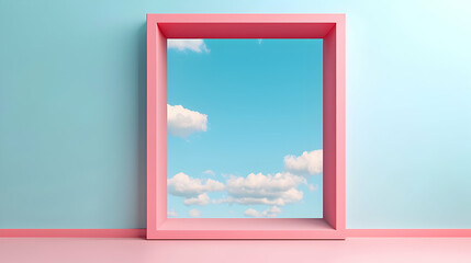 Pink Frame Window View of Blue Sky and Clouds