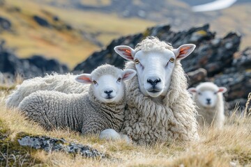 Fototapeta premium Icelandic sheep family, mountain pasture, autumn