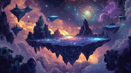 Floating islands and starry space dominate this beautiful fantasy landscape view