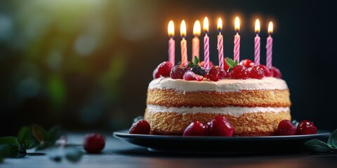 Celebration cake with pink candles and fresh berries at a cozy indoor party during evening hours