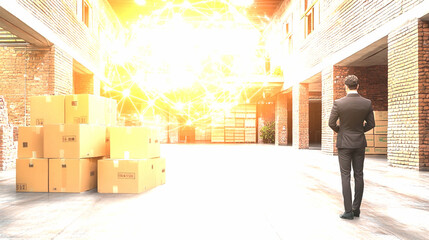Businessman Surveys Global Logistics Network in Bright Warehouse