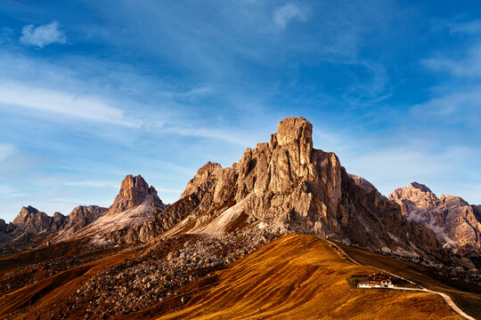 Ra Gusela mountain and Giau pass at fall, Dolomites