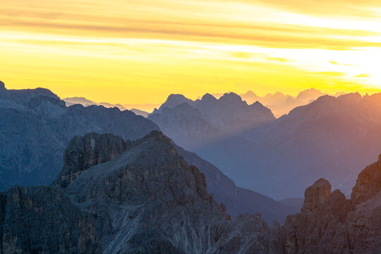 Silhouettes of mountains at dawn, Dolomites