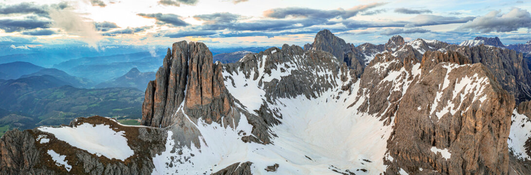 Aerial panoramic of Roda De Vael mountain, Dolomites