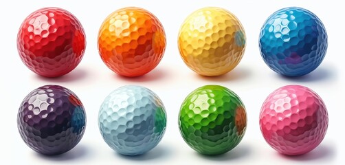Eight vibrant golf balls in different colors red, orange, yellow, blue, purple, light blue, green, pink. Golfing equipment set for sport leisure, recreation. Golf icons for golf enthusiasts