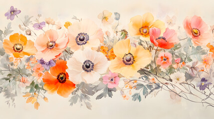 A vertical watercolor painting of anemones, daisies, and poppies in soft orange tones
