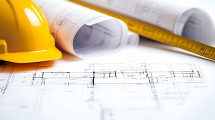 Yellow Safety Helmet and Rolled Blueprints on White Surface with Measuring Tape and Detailed Architectural Plans