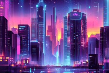 Obraz premium Futuristic City Scene Depicting Skyscrapers And Neon Lighting