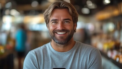 Man smiles in a market, blurred background