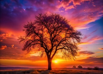 Silhouette of Single Apricot Tree at Sunset, Dramatic Sky, Orchard Landscape