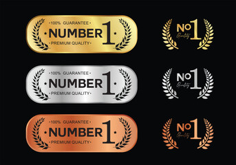 Number 1 Best Quality Luxury Gold Bronze Silver badge premium emblem isolated on black background stock illustration 01.eps