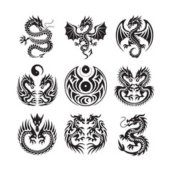 vector illustration, set of round tribal dragon designs, black and white graphics vector illustration, set of round tribal dragon tattoo designs, black and white graphics