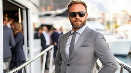 Next to a tranquil lake, a stylish young man in a classic suit meticulously buttons his jacket, with a luxurious yacht visible in the background