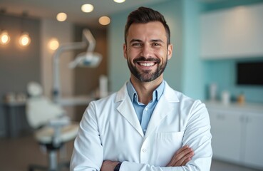 Obraz premium Portrait of smiling dentist in clinic. Confident doctor in white coat with crossed arms. Healthcare pro, medicine concept, dentist occupation. Dental services, oral hygiene and teeth health care.